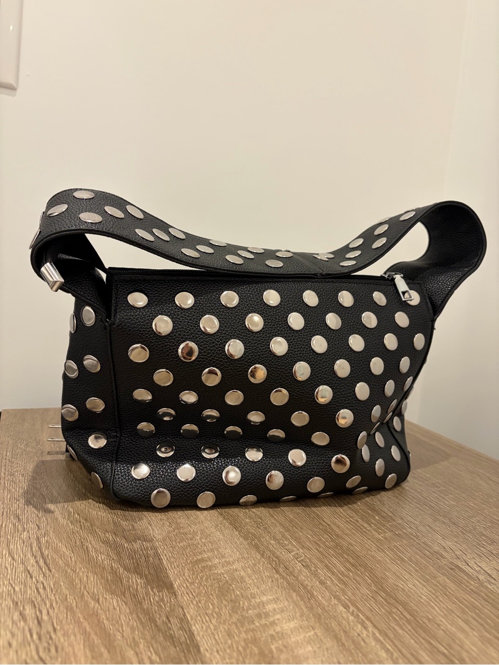 Black Studded Leather Shoulder Bag - Contemporary Women's Hobo